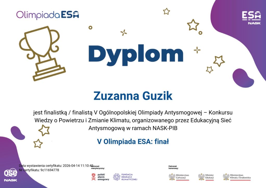 Zuzanna Guzik z klasy 7b została finalistką Ogólnopolskiej Olimpiady Antysmogowej organizowanej przez NASK